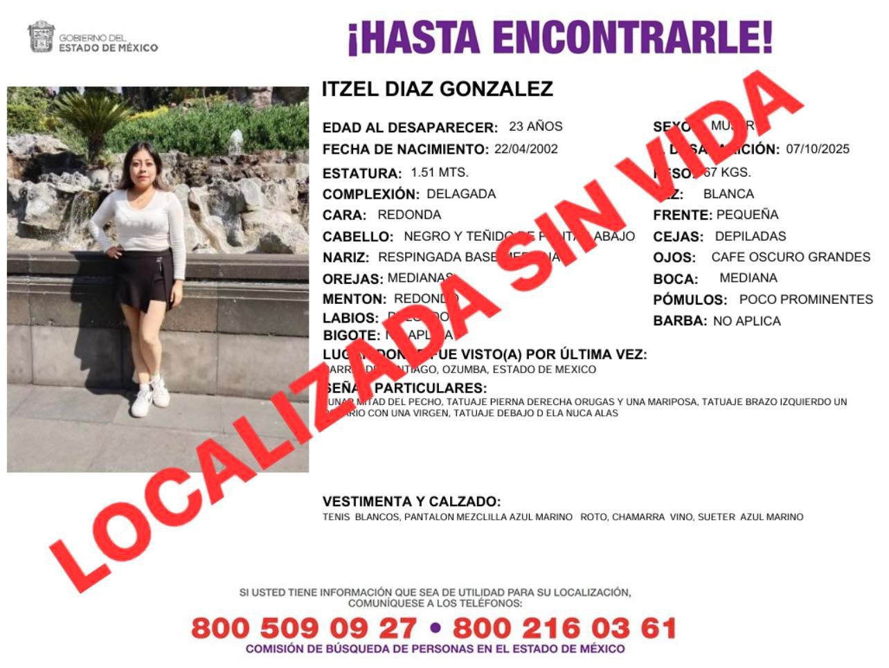 Hallan sin vida a Itzel Díaz González en Tepetlixpa, Edomex.